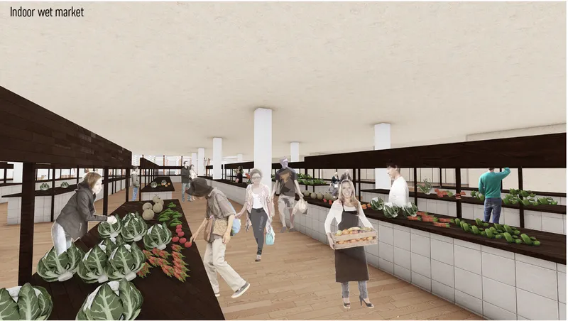 Interior view of a market with white tiled counters displaying cabbages and produce beneath dark wood shelving