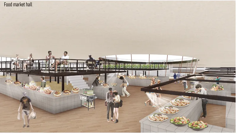 Food hall interior with elevated black steel walkway above tiled display counters and timber flooring