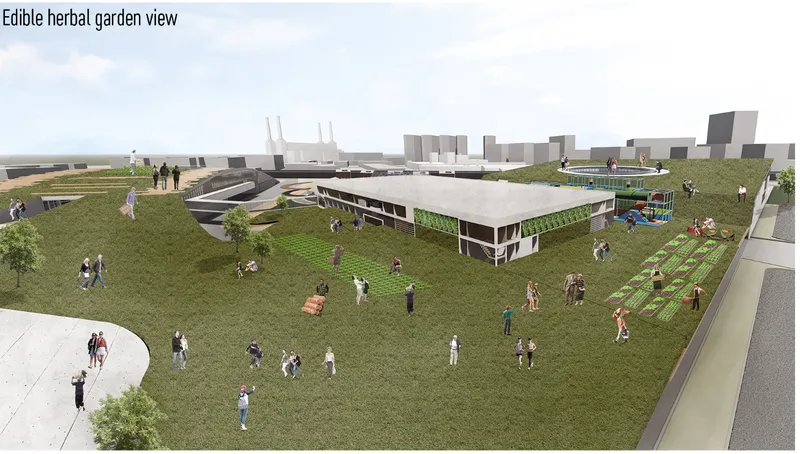 Aerial rendering of a low-rise building with planted garden beds and people gathered on the green roof