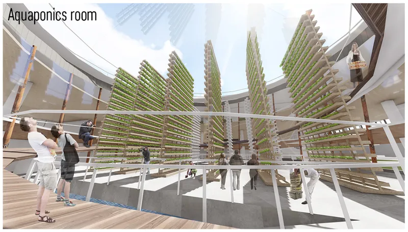 Interior courtyard with vertical hydroponic growing towers arranged in a radial pattern under a skylight