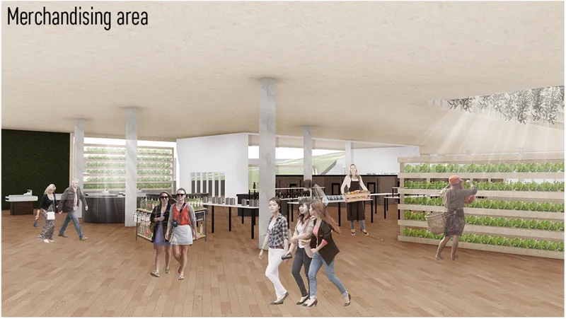 Interior rendering of a retail space with timber flooring, cylindrical columns, and a living green wall with visitors