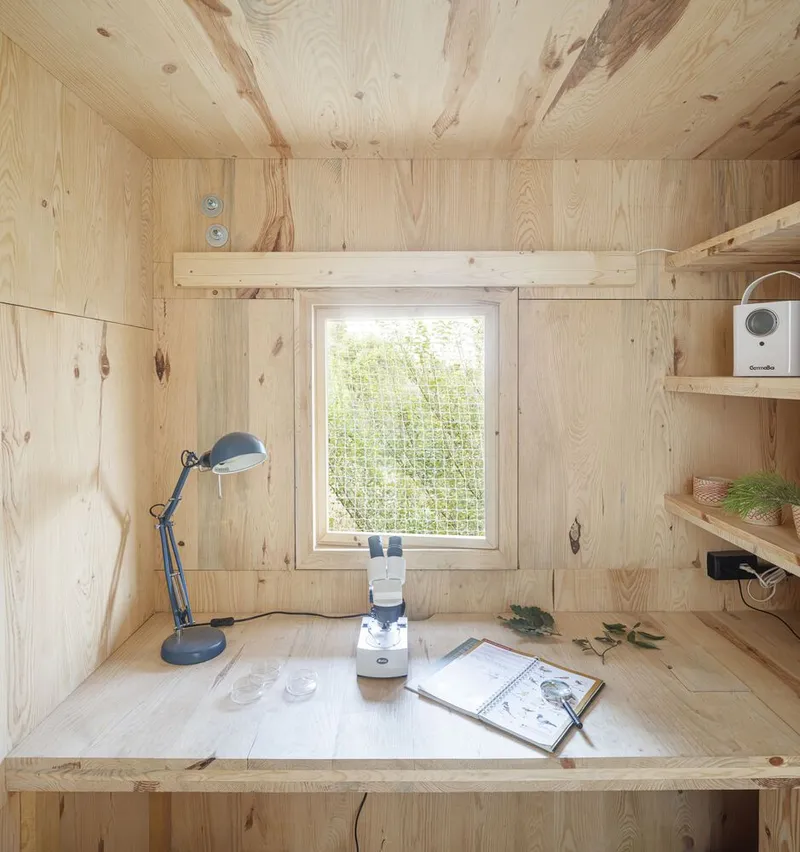 Interior study nook with plywood walls, folding desk, task lamp and window framing foliage beyond