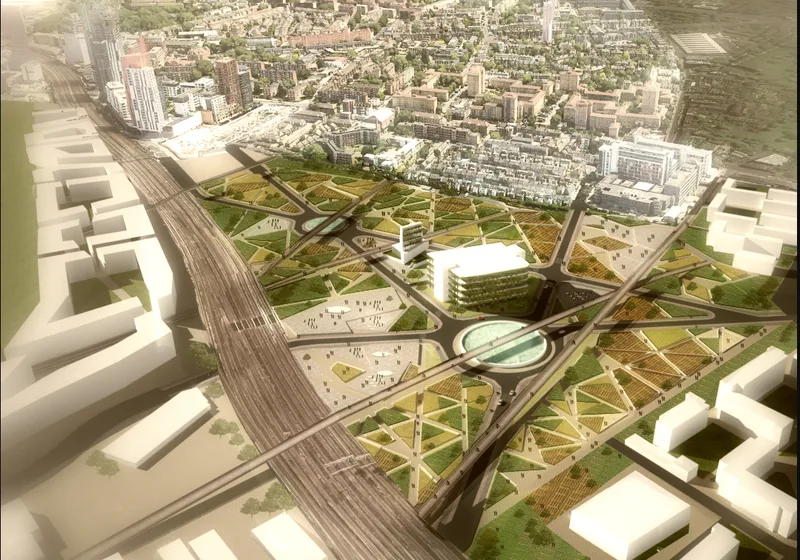 Aerial rendering of an urban development with elevated walkways connecting agricultural plots and buildings surrounded by rail infrastructure