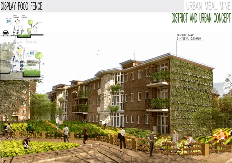 Rendering of brick residential buildings with planted terraces overlooking a community garden where people tend raised vegetable beds