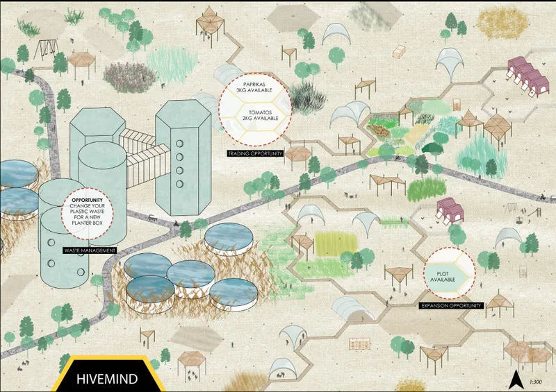 Site plan drawing showing clustered hexagonal structures, water treatment zones, and scattered trees across a community layout
