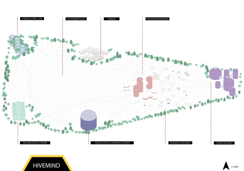 Axonometric site plan illustrating programmatic zones with cylindrical and geometric volumes surrounded by tree clusters
