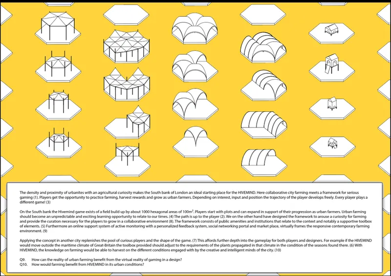Isometric drawing array displaying variations of hexagonal pavilions with different roof configurations on white platforms