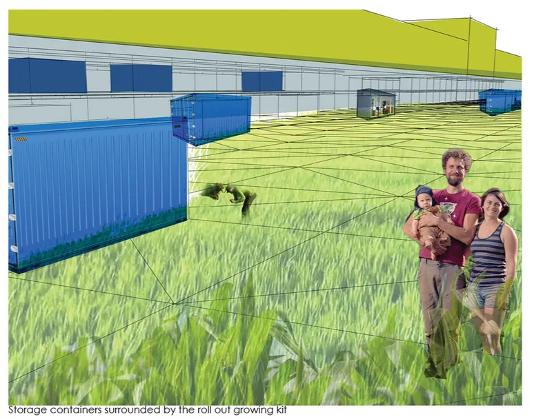 Rendering of storage containers in agricultural field with family standing among planted crops