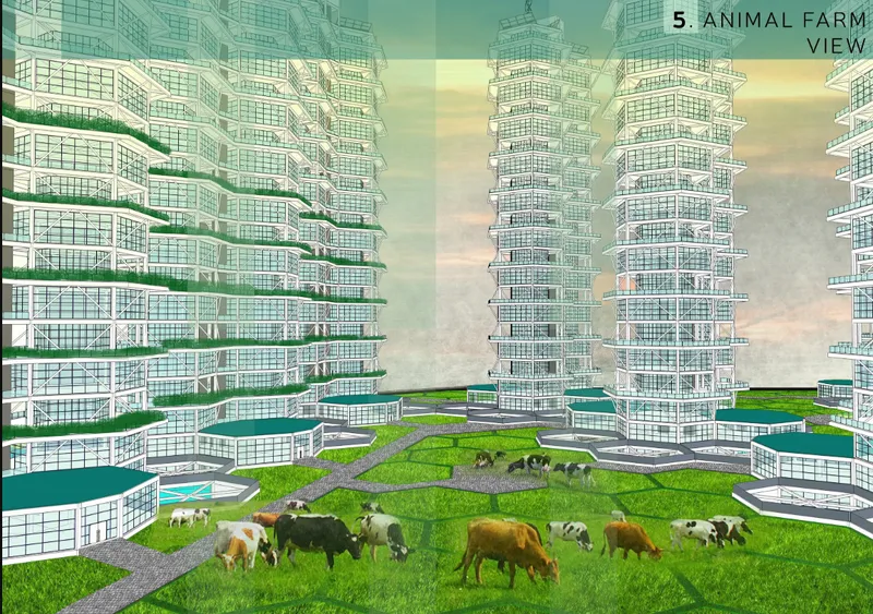 Rendering of ground-level pasture with grazing cattle between residential towers with planted terraces