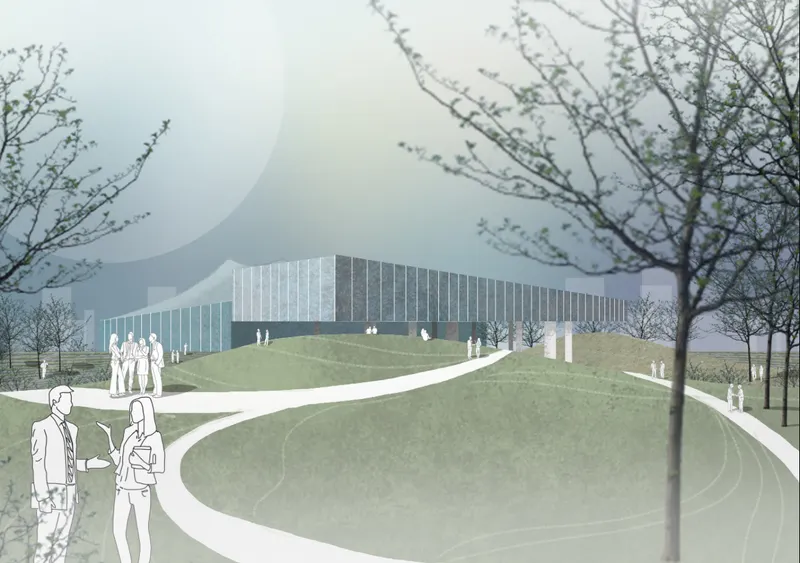 Rendering of a transparent ribbed facade with curved roofline behind landscaped berms and walking figures