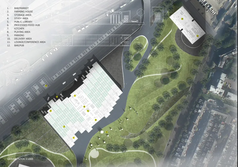 Aerial site plan showing angular buildings around a central plaza with adjacent green space and parking