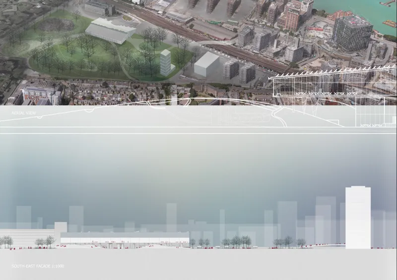 Aerial site plan and elevation rendering showing proposed volumes along a waterfront with existing urban context