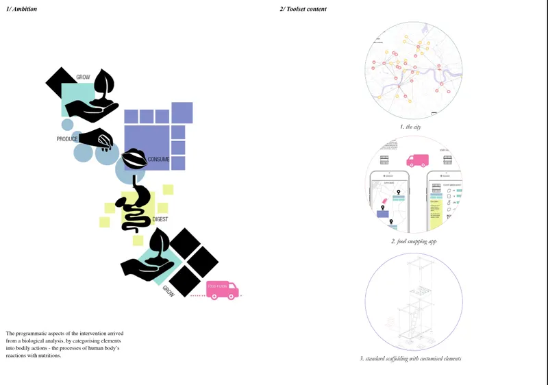 Diagram spread showing programmatic flow from biological analysis to urban intervention with circular detail vignettes