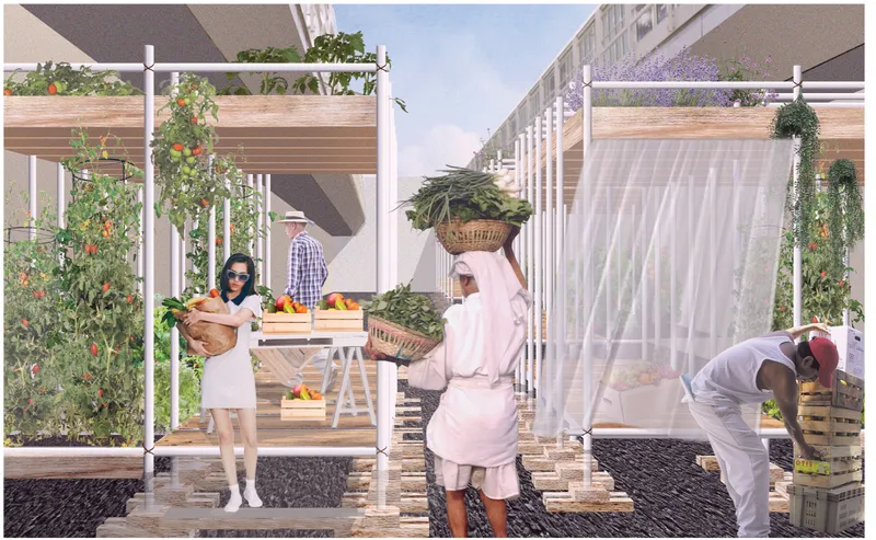 Rendering of timber frame structures with overhead trellises and residents harvesting vegetables in rooftop garden beds