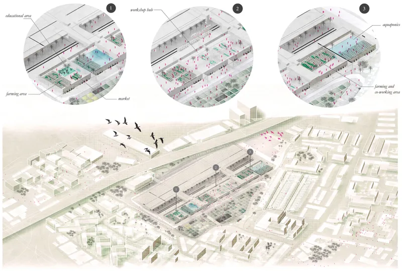 Axonometric drawing depicting phased transformation of rail yard into urban farming district with birds overhead