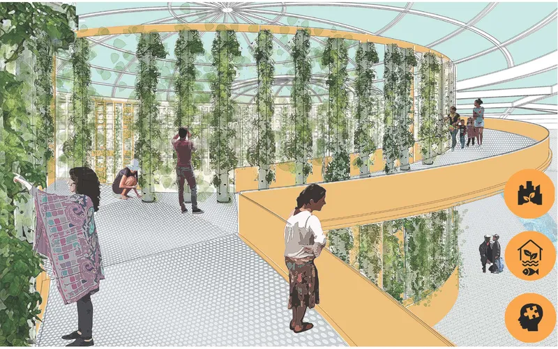 Interior rendering of curved orange ramp spiraling past vertical hydroponic growing columns under a glazed roof
