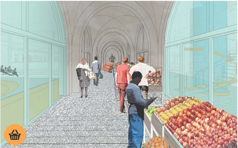 Perspective rendering of vaulted market corridor with produce displays and visitors beneath a series of arches