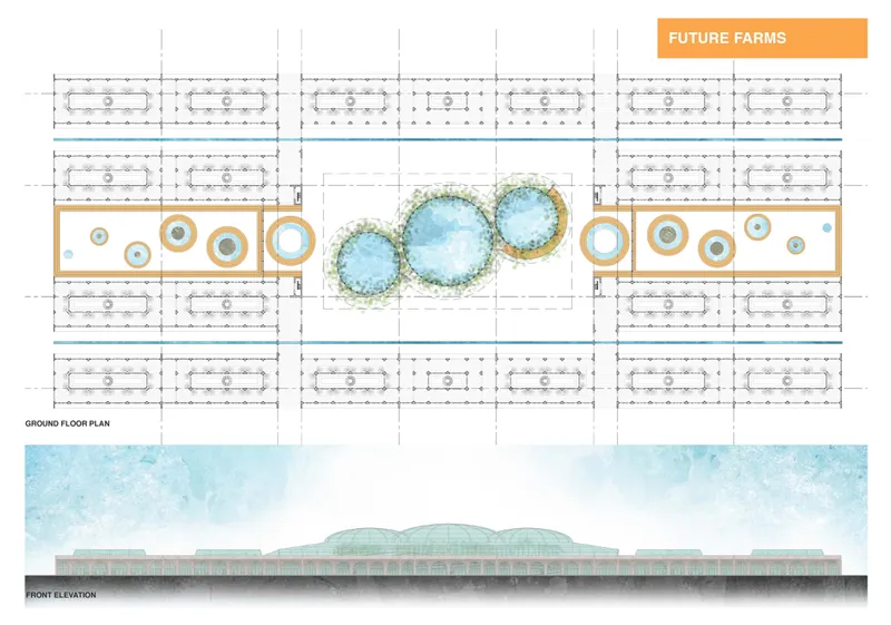 Ground floor plan and front elevation showing three circular glass pavilions surrounded by rectangular growing zones