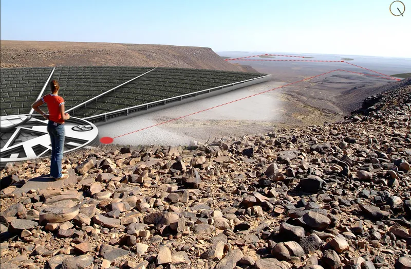 Q-City emerging from the Sahara landscape, demonstrating radial urban planning integrated with desert topography.