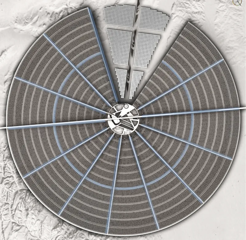 Radial masterplan diagram illustrating sector-based growth, transport lines, and centralized city hub.