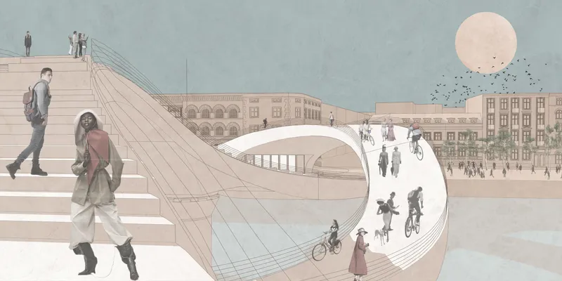 A flowing, wave-like structure merging movement, rest, and city observation.