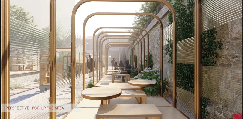 Pop-up F&amp;B corridor framed by curved timber modules and translucent panels along the rail track.