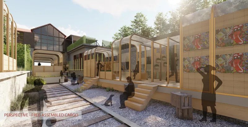 Free-assembled cargo modules activating the historic railway with adaptable public programs.