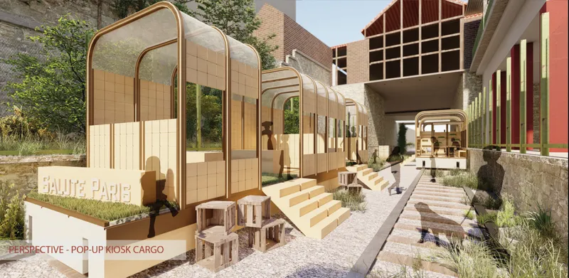 Pop-up kiosk configuration transforming rail infrastructure into a dynamic urban marketplace.