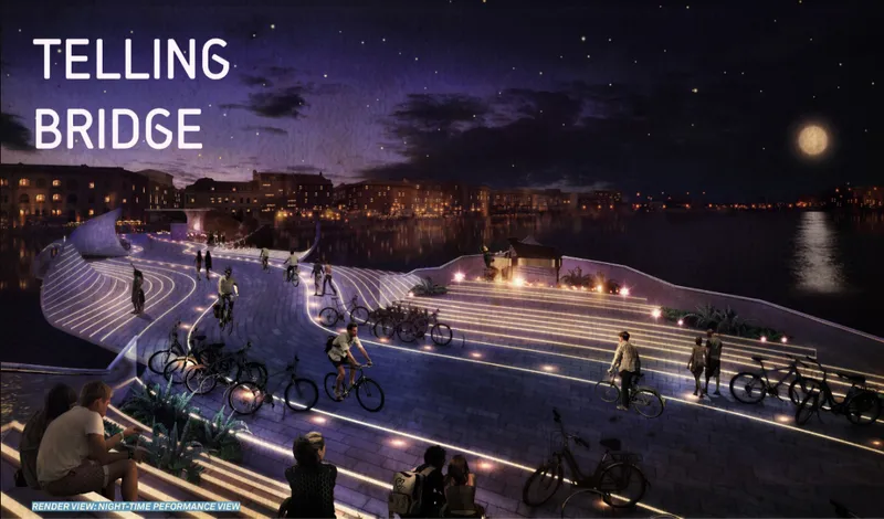 Illuminated pathways transform the bridge into a glowing cultural stage over Copenhagen’s harbor.