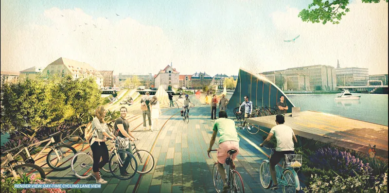 A vibrant pedestrian and cycling corridor blending mobility, landscape, and waterfront views.