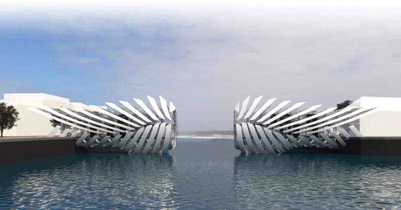 Open configuration during daylight, expressing movement, lightness, and dynamic urban design.