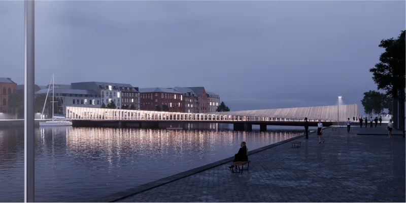 Evening view of The Nordic Link glowing across Copenhagen harbor, blending infrastructure with public space.