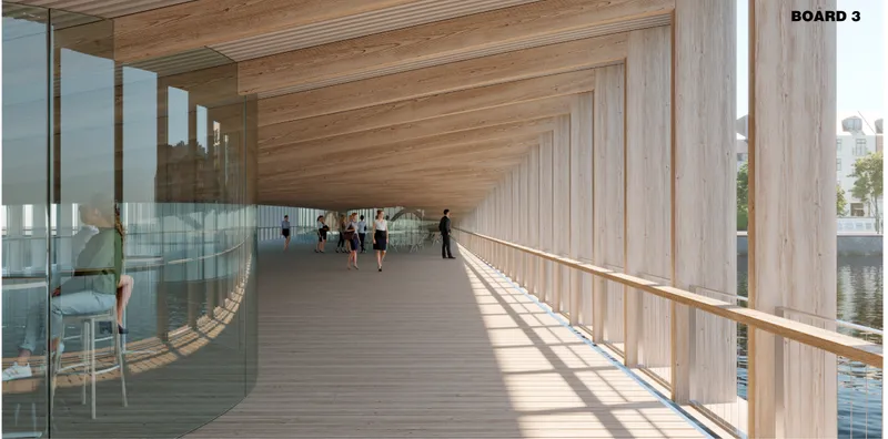 Timber-lined pedestrian corridor beneath the bridge, creating a warm and sheltered urban experience.