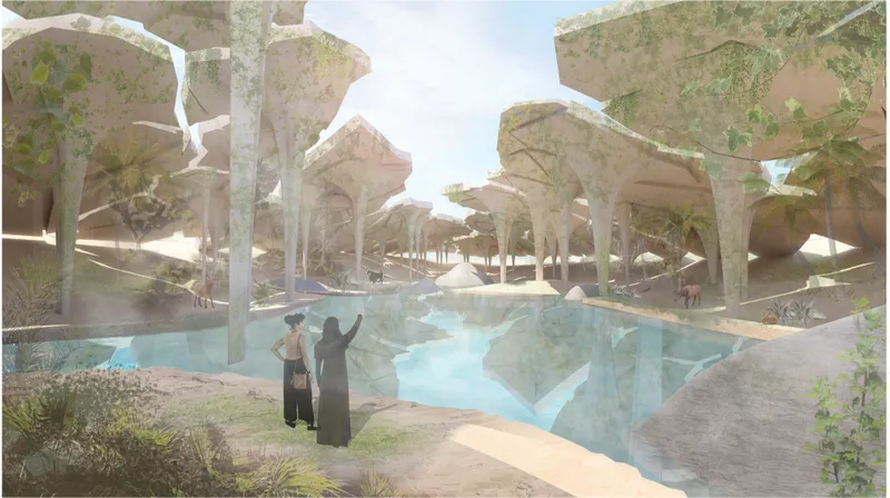 Harvested water transforms arid terrain into a lush micro-ecosystem of shade, reflection, and life.