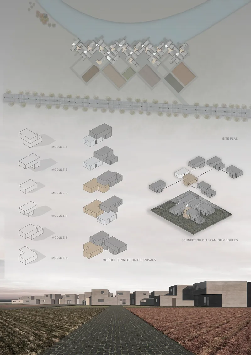 Modular housing clusters organized along agricultural fields, creating a structured yet adaptable settlement layout.