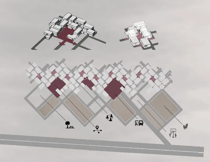 Functional diagram illustrating shared courtyards, circulation networks, and integration with surrounding farmland.