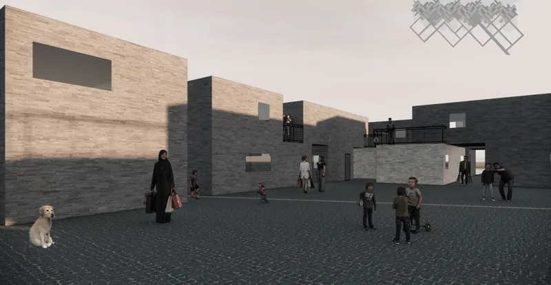 Community courtyard formed by interlocking modules, fostering social interaction and everyday life.