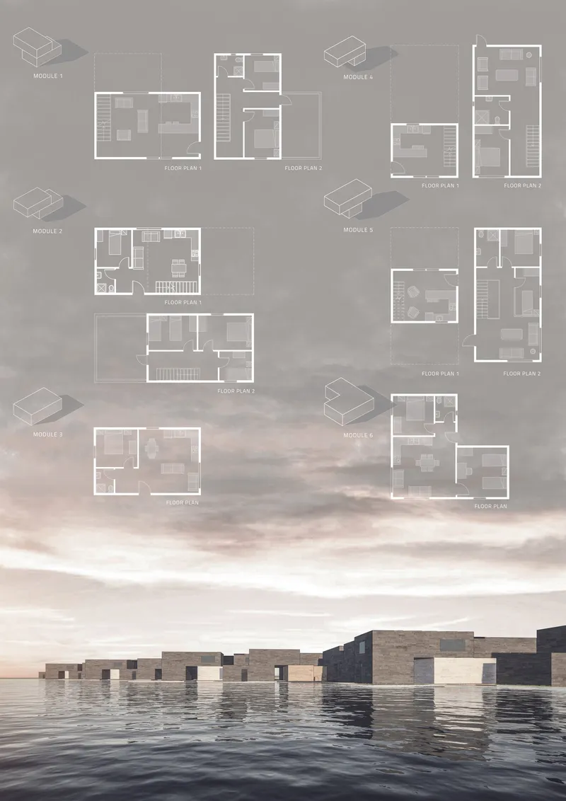 Axonometric study showing modular aggregation and expansion possibilities within the settlement system.