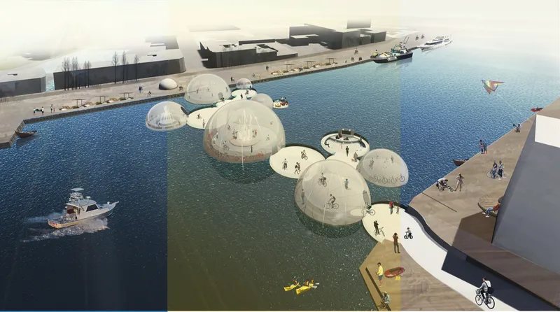 Floating bubbles connect the riverbanks, creating a lightweight sustainable bridge design for cyclists and pedestrians.