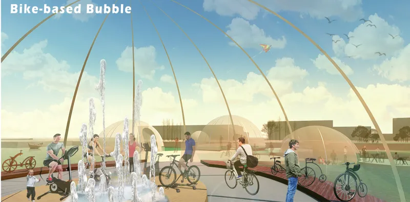 The bike-based bubble generates energy through cycling while offering an immersive public experience.