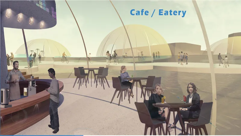 Cafe and eatery inside a transparent floating pod overlooking the water.