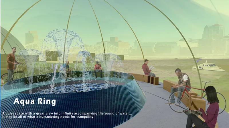 Aqua Ring provides a tranquil retreat with fountains, river views, and quiet reflection zones.