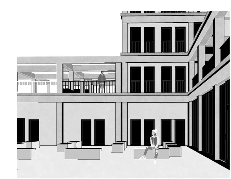 Shared courtyard acting as a semi-public social space between housing volumes.