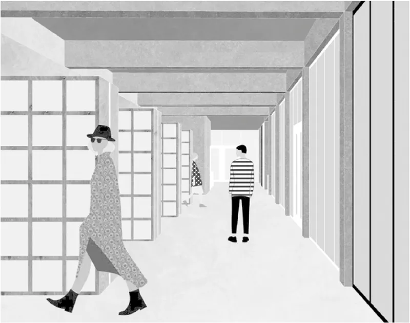 Library interior corridor designed for openness, movement, and informal interaction.