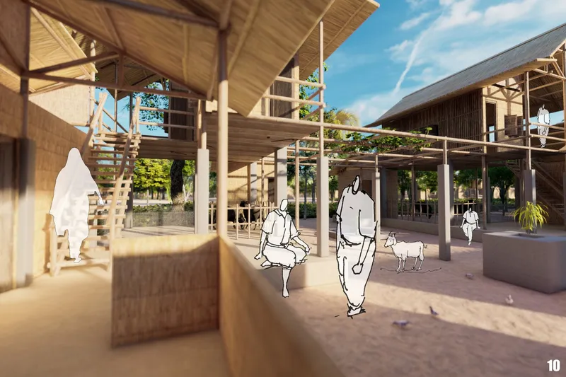 Open ground level spaces allow livestock shelter, circulation, and community interaction beneath the raised homes.