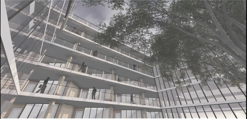 Open courtyard circulation fostering vertical community interaction.