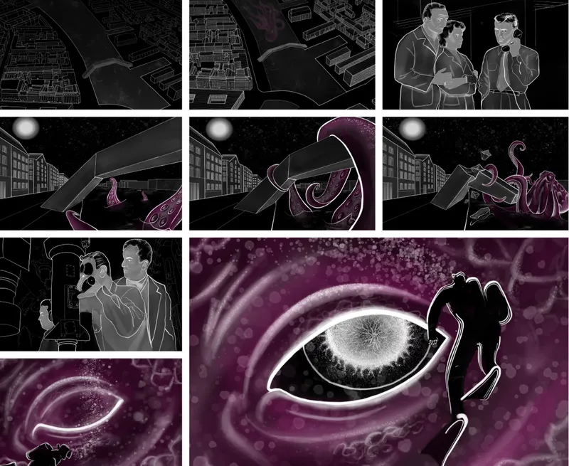 Storyboard narrative illustrating the bridge’s destruction and rebirth beneath rising waters.