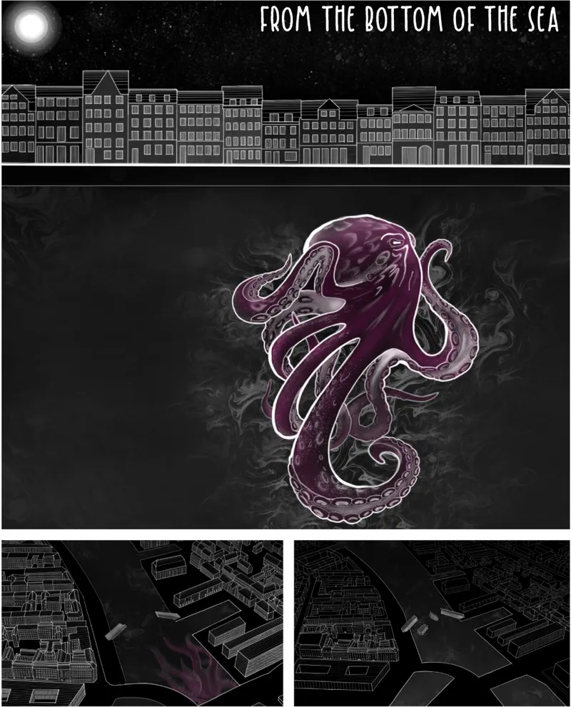 The kraken as a metaphor for climate change emerging from the depths of the city.