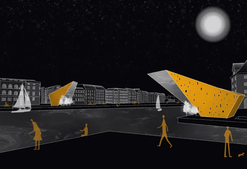 Night view of the sculptural vertical volumes framing the submerged pedestrian and cycle passage.
