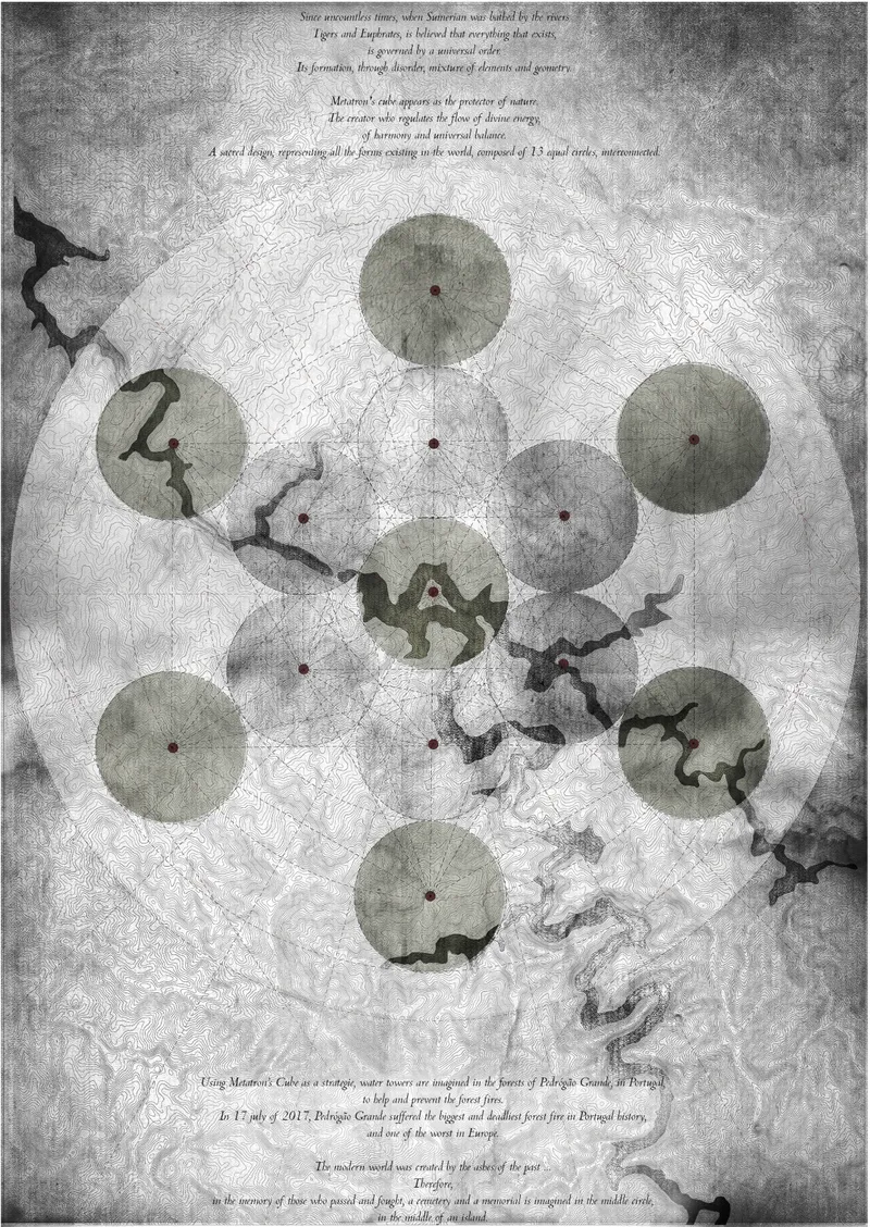 Sacred geometry guides a network of water towers positioned across wildfire-prone forests.